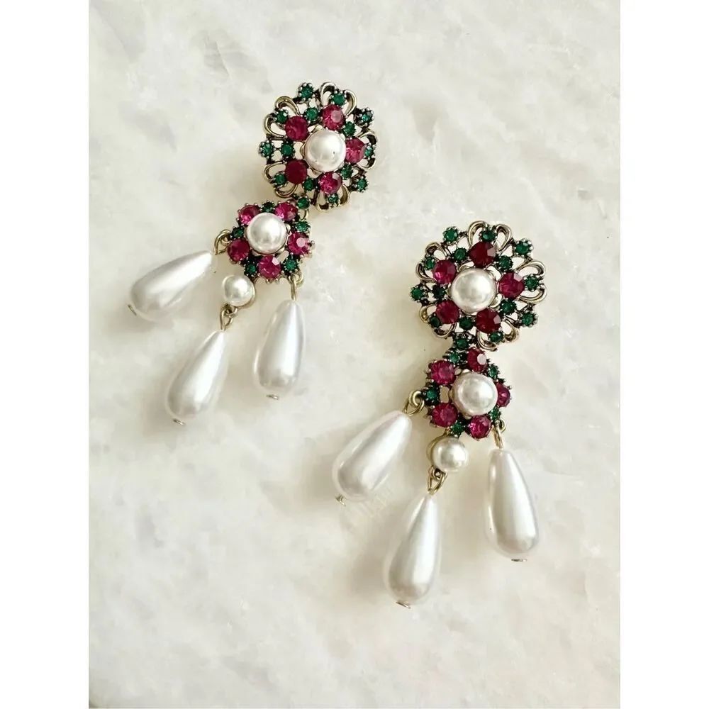 Regal style pink ruby and emerald Green chandelier earring with pearl drop 